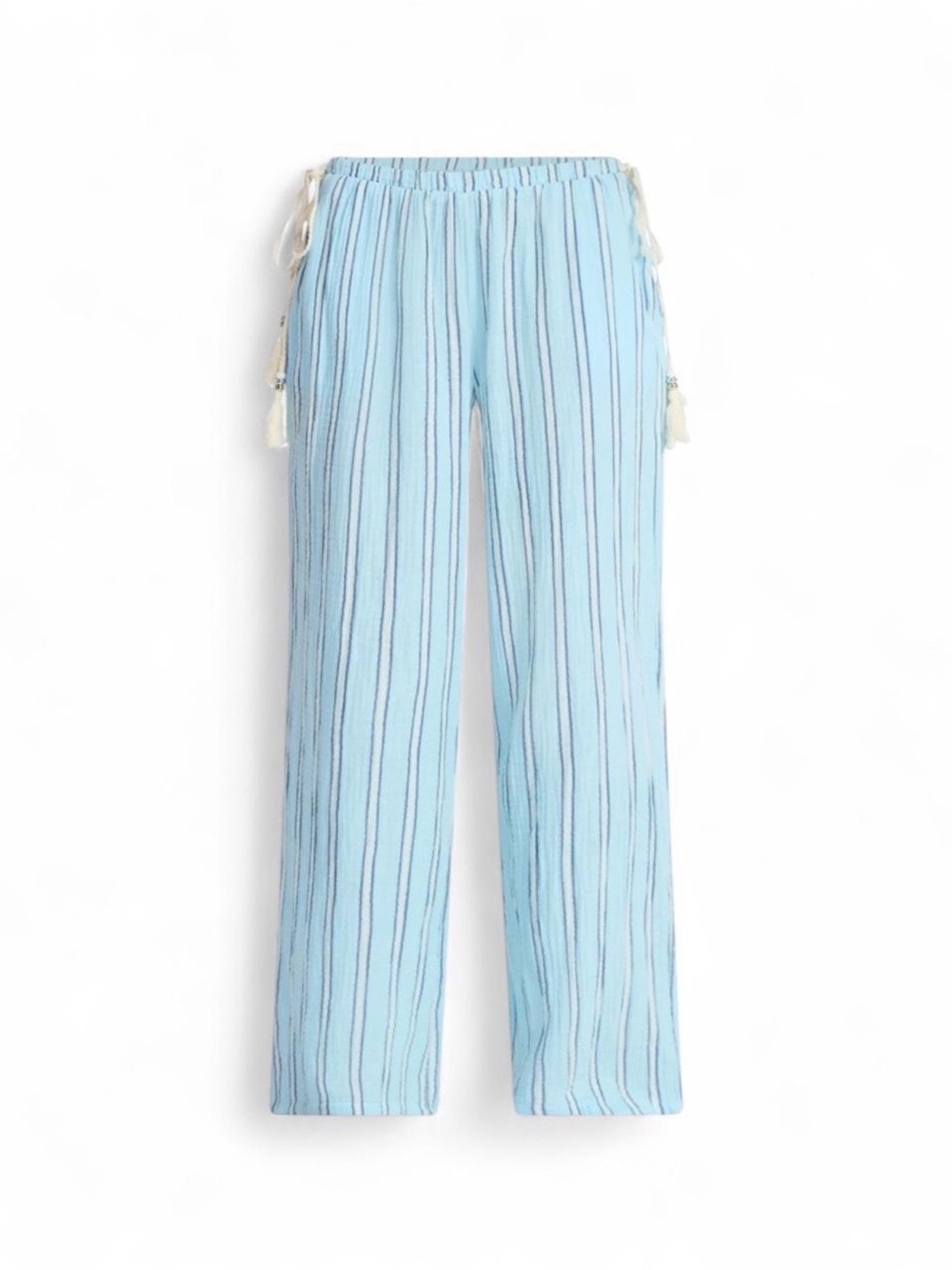 100% Cotton Light Blue Striped Wide-Leg Pants